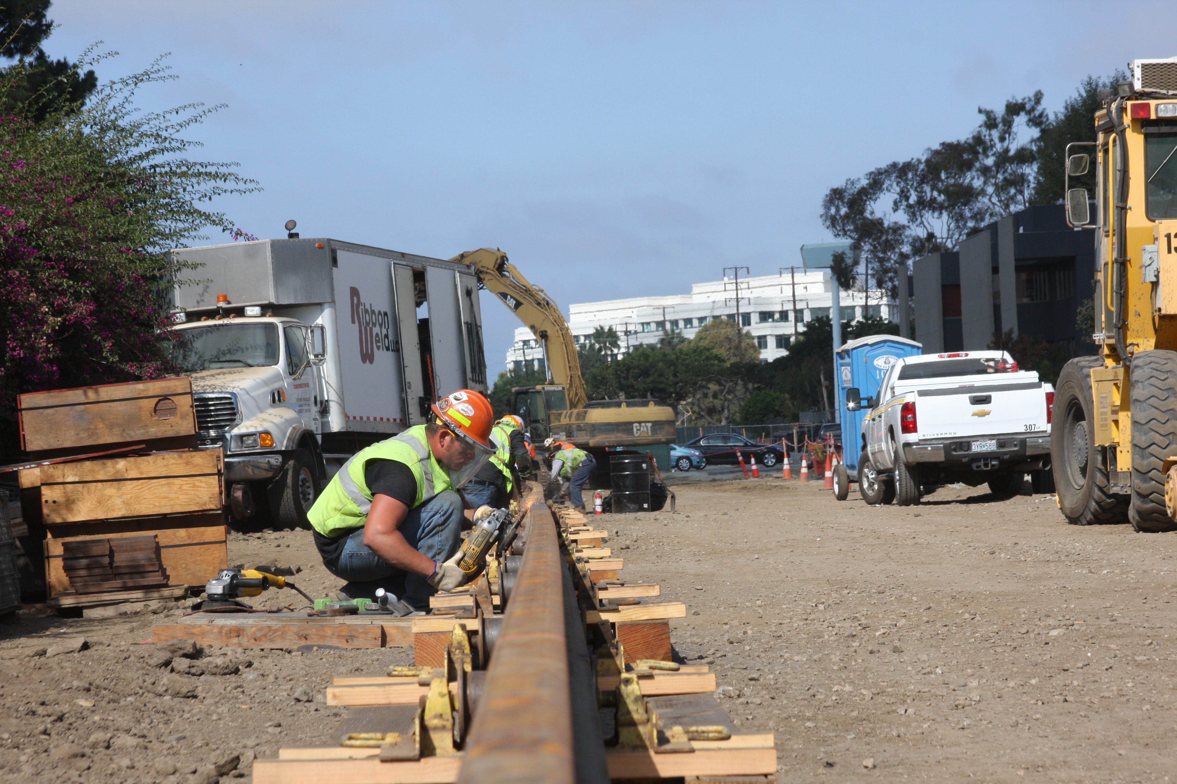 Rail welding for the Expo Line near Stewart Street in Santa Monica.