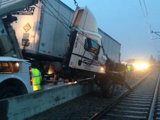 Photo of the overturned big rig on the 210 freeway earlier this morning. Photo: Metro