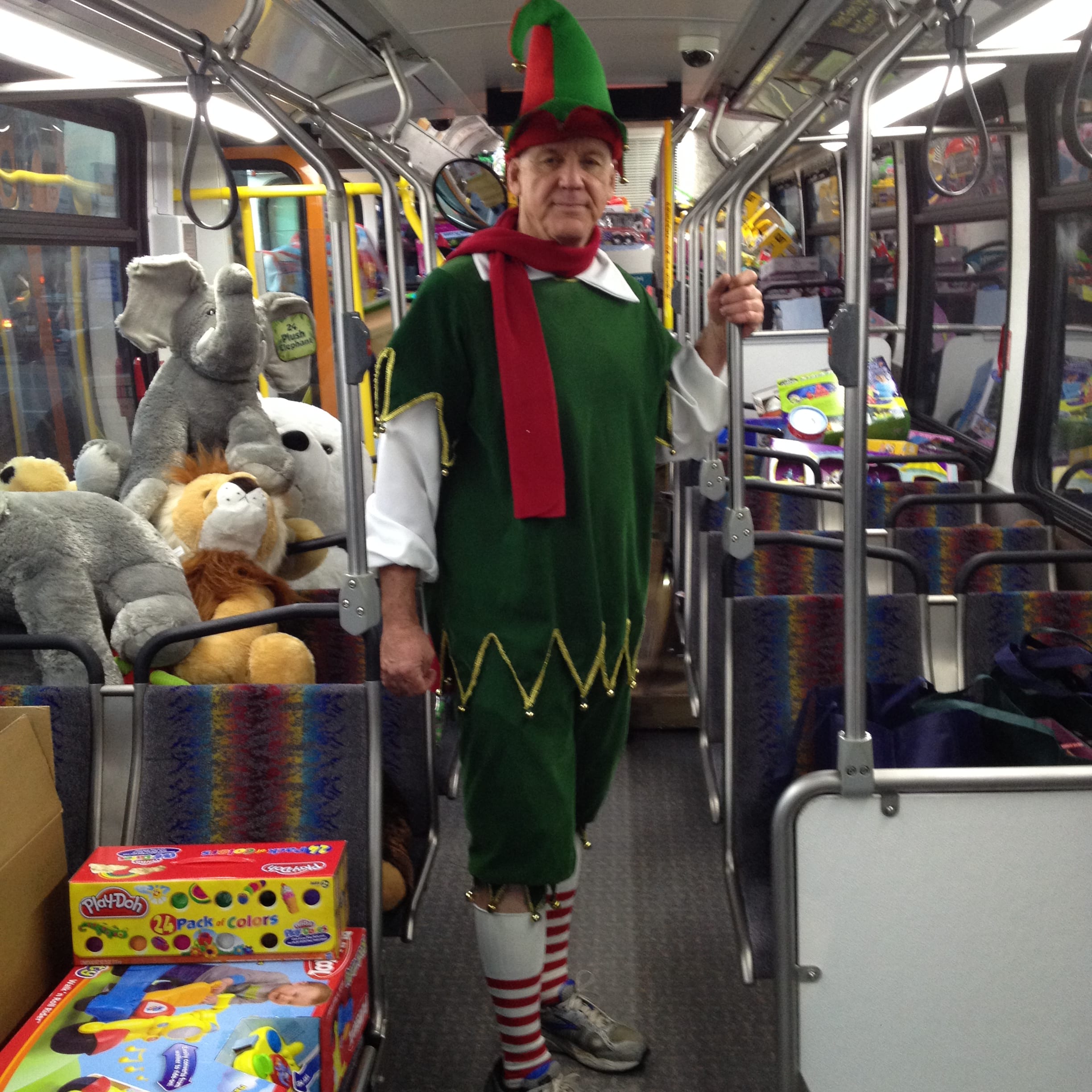 ABC's Garth Kemp all dressed up at the Stuff-A-Bus event. Photo: Jose Ubaldo/Metro