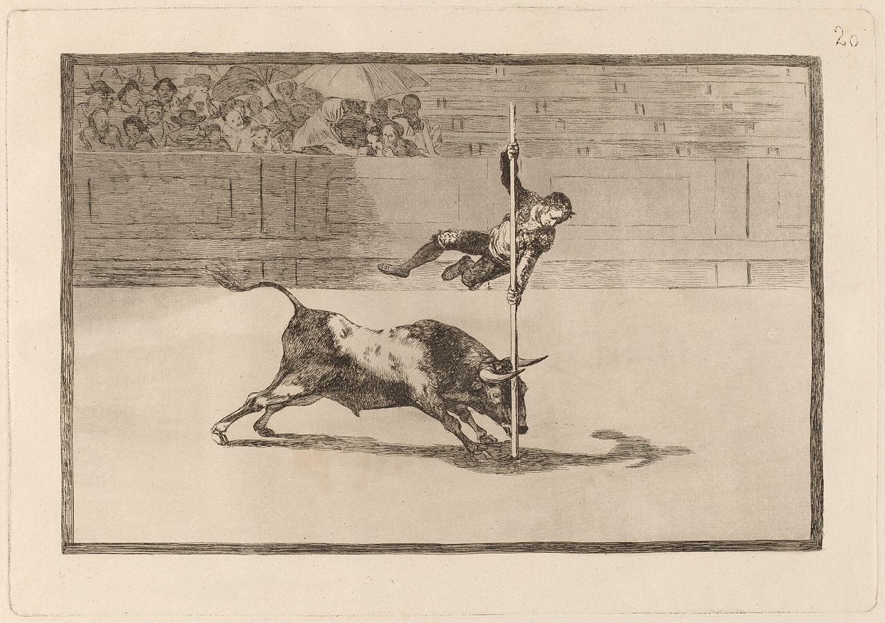 "The Agility and Audacity of Juanito Apinani in the Ring at Madrid," Francisco Goya, plate 20 of The Bullfight series.
