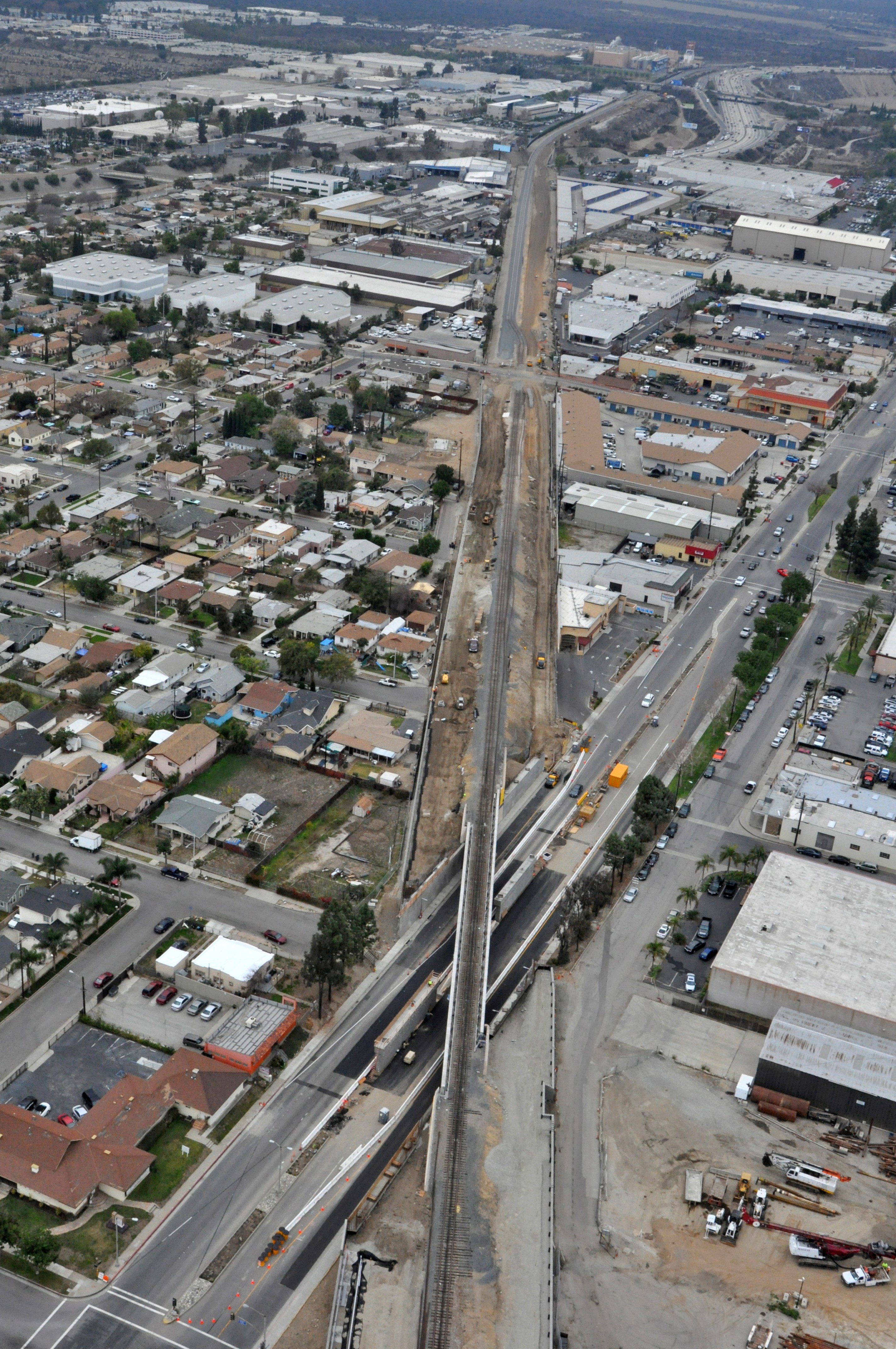 The Gold Line tracks looking east from the bridge over Foothill Boulevard in Azusa. 