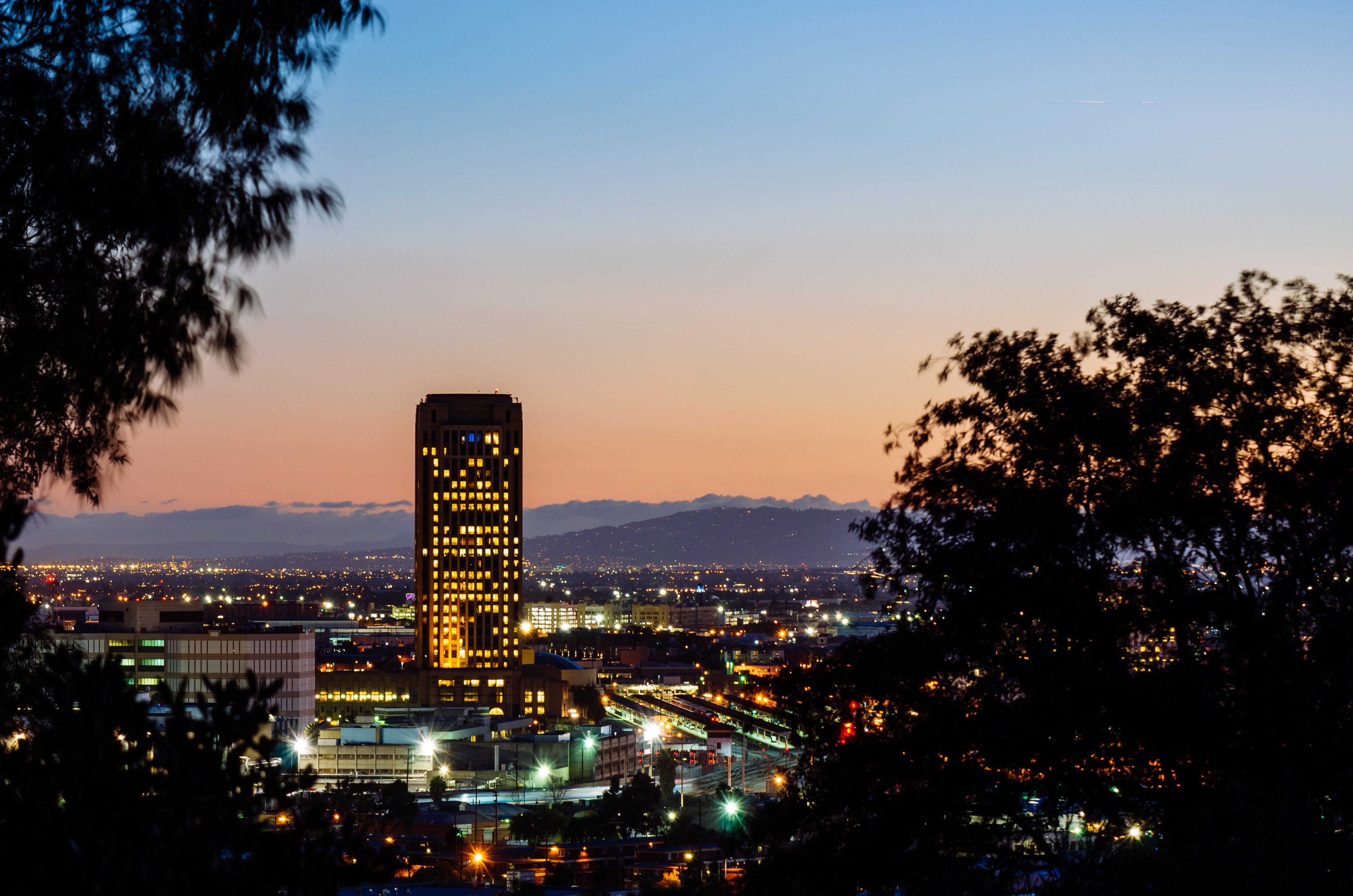 ART OF TRANSIT: Metro headquarters, the Union Station train platforms and the Palos Verdes Peninsula as seen from Elysian Park on Monday evening. Photo by Steve Hymon/Metro. 