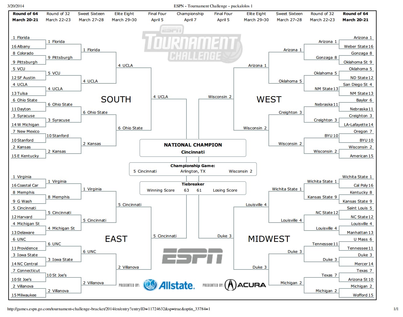 Just in case anyone needs help with their bracket, here's mine. Copy at your own risk!
