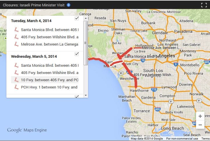 Map of expected street closures via KPCC.org