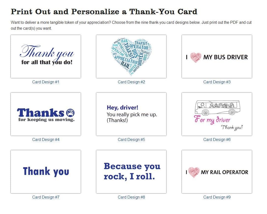 Thank You cards you can print out and personalize! From transitdriverday.org.