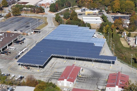 Solar Canopies produce green energy and shade buses at MARTA's Decatur garage.