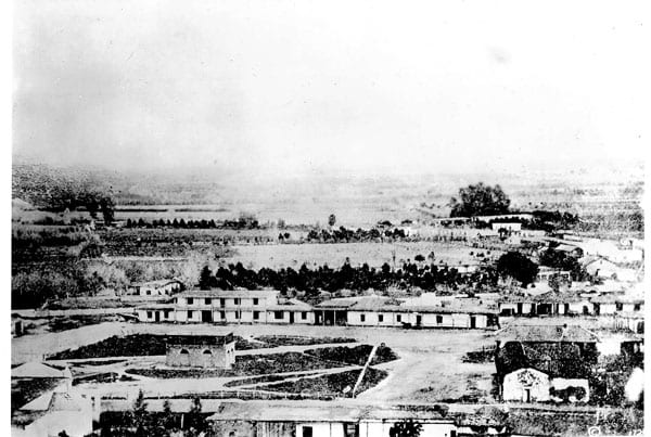 The Plaza in 1862 looking east. Behind the two-story Lugo adobe are the vineyards and adobes that would become the Union Station site. Courtesy of the Seaver Center for Western History Research, Natural History Museum of Los Angeles County.