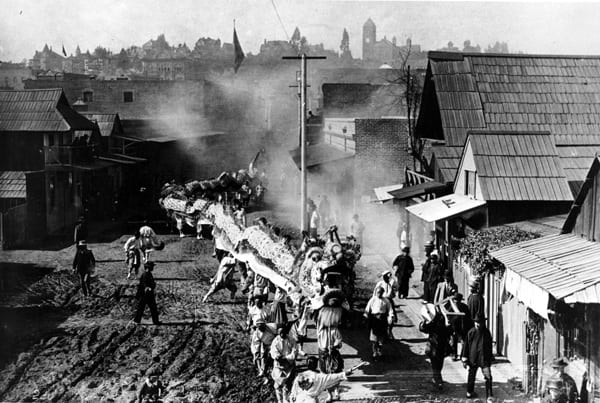 Chinese New Year parade on Marchessault Street in Old Chinatown, ca 1895. Courtesy of the Seaver Center for Western History Research, Natural History Museum of Los Angeles County.