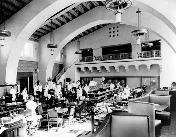 In the new station, the Fred Harvey restaurant was ready to open with its staff of Harvey Girls.  Courtesy of the Los Angeles Railroad Heritage Foundation Collection. Photo by the Santa Fe Railway.