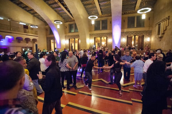 LA Picante salsa band performance in former Fred Harvey restaurant space in January 2014, part of the Metro Presents series of arts and cultural  programs at Union Station.