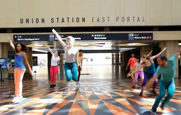Dancers at Union Station performing Stephan Koplowitz: Red Line Time in April 2013. The fleeting dance performances took place at Metro Rail stations as part of a conference on urbanism and modernism at Metro. Photo by Natalie Metzger.