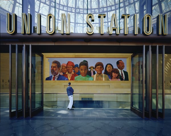 View from Union Station East Portal of the mural City of Dreams/River of History, Richard Wyatt in collaboration with May Sun, Artists. The artwork also includes an aquarium, "river bench" and paver inserts.