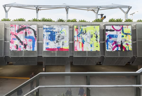 With Vamos Juntos/Juntas, Martin Durazo uses swirling vibrant colors to energetically convey the ever-changing intersection of cultures and environments in the Los Angeles area.