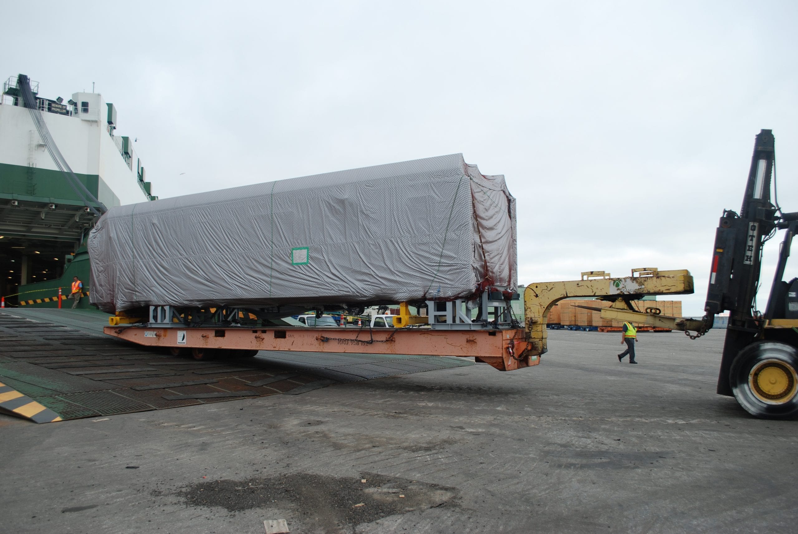 First new Kinkisharyo light rail car arriving at the Port of Long Beach.