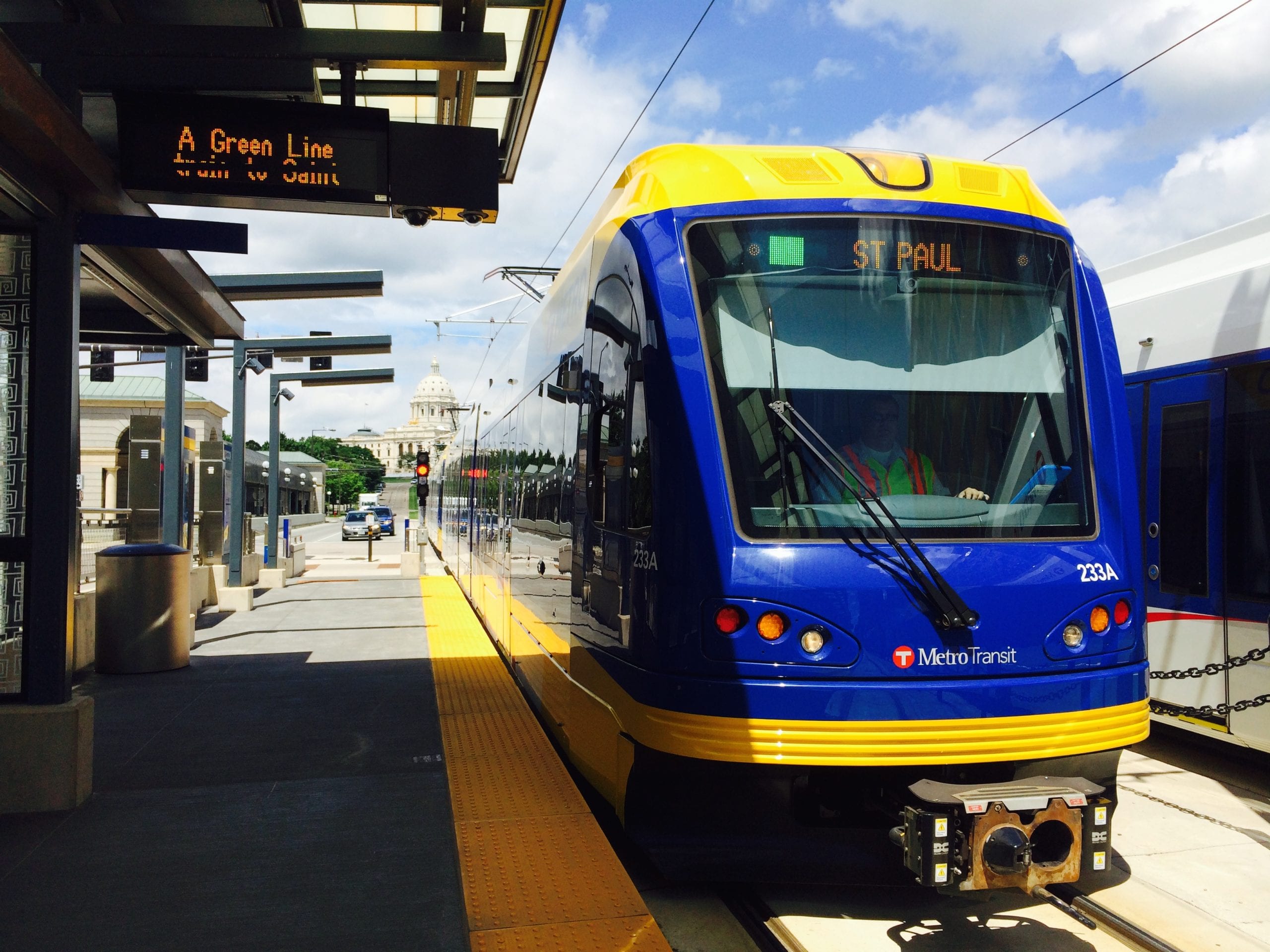 A Green Line train arriving at a station in downtown Saint Paul.