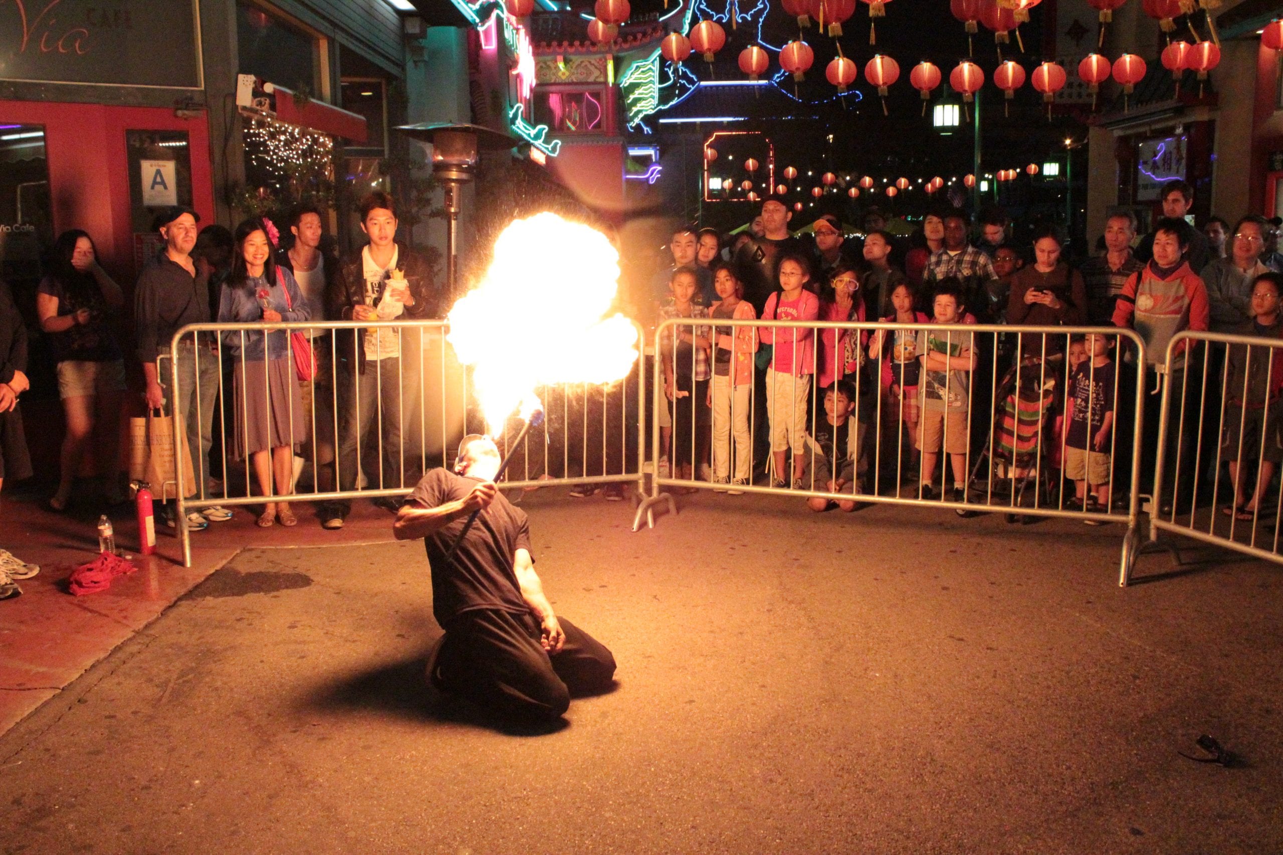 Breathing fire for a captive audience at Chinatown Summer Nights. Photo by Salina Canizales via Flickr/CC.