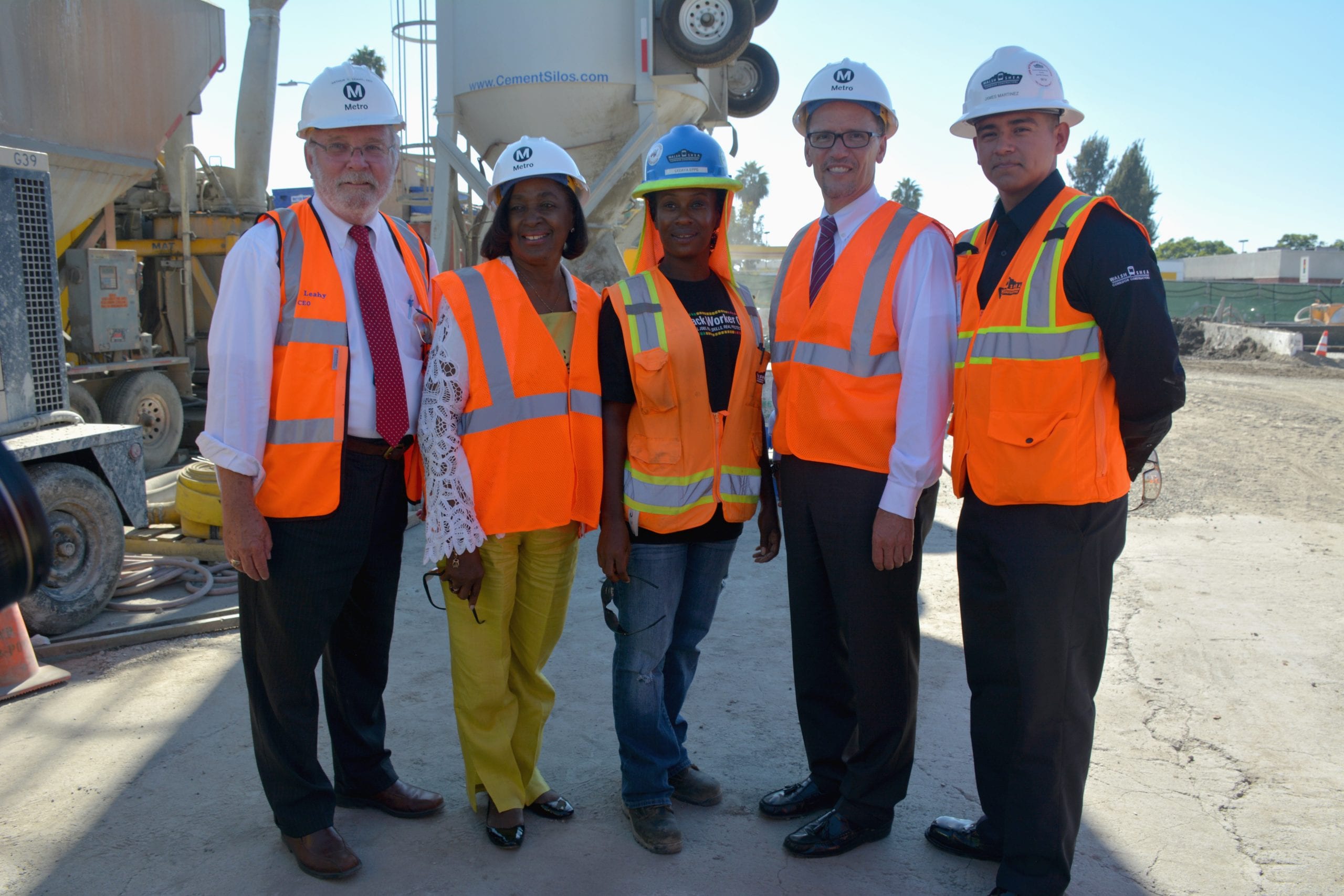 Metro CEO Art Leahy, Metro Board Member Jackie Dupont-Walker, LeDaya Epps, U.S. Labor Secretary Thomas Perez and James Martinez at the Crenshaw/Expo Yard. photo Luis Inzunza/Metro.