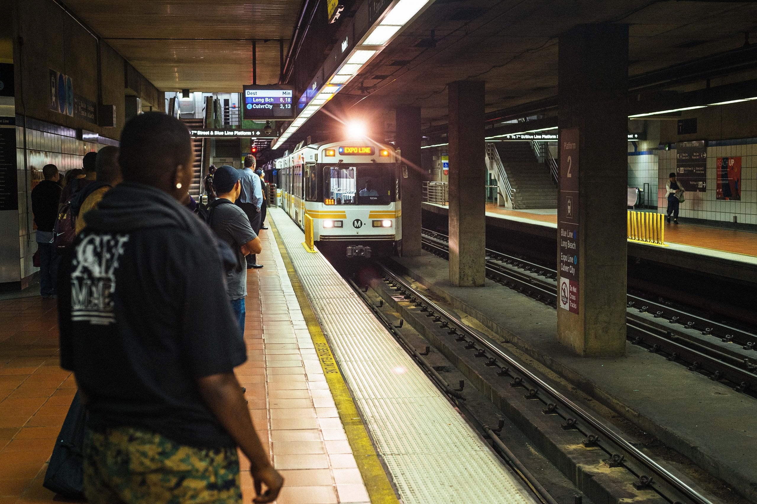 ART OF TRANSIT: An Expo Line train leaving 7th/Metro Station last week. Photo by Steve Hymon/Metro.