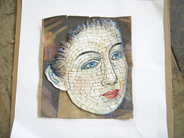 The two photos above show the assembly of thousands of glass mosaic pieces to match the artist’s original drawings at the fabricator’s shop. The high resolution scans of the original drawings are visible underneath. Photo courtesy Perdomo Studio.