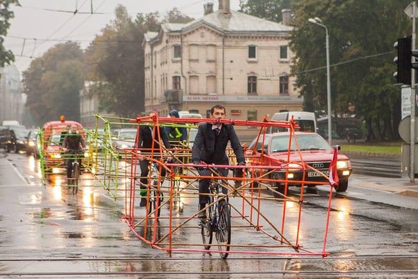 Art of Transit: Latvian bike activists show how much space a bike takes versus that of a car. Clever. Click above for more photos. Photo by Artūrs Pavlovs.