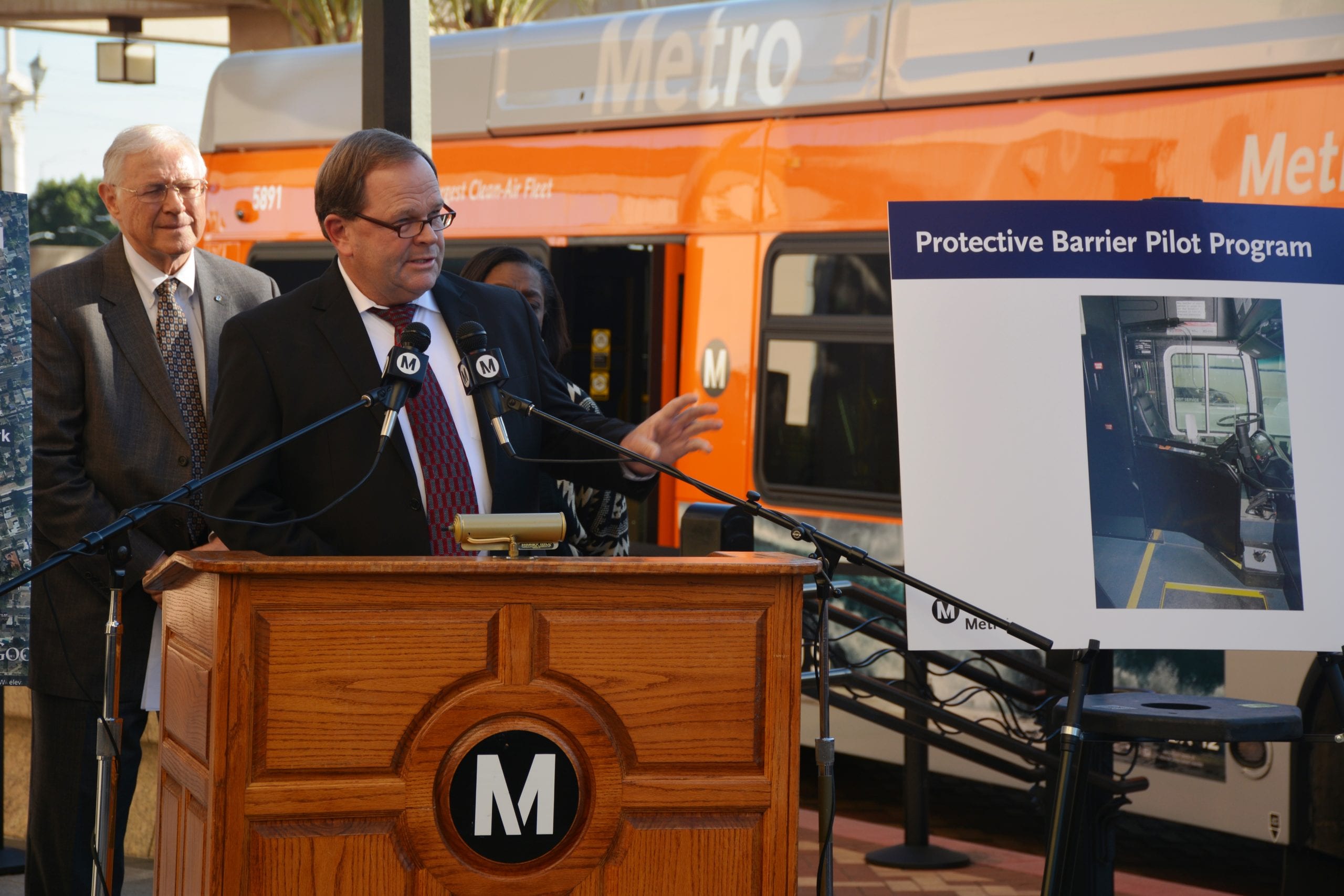 Officials talk about steps being taken by Metro to keep bus operators safe at a media event Monday afternoon. Photo: Metro.
