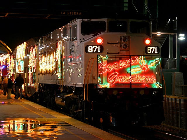 The Metrolink Holiday Toy Express pulls into Sierra Station in Riverside. Image by Chuck Coker via Flickr/CC.