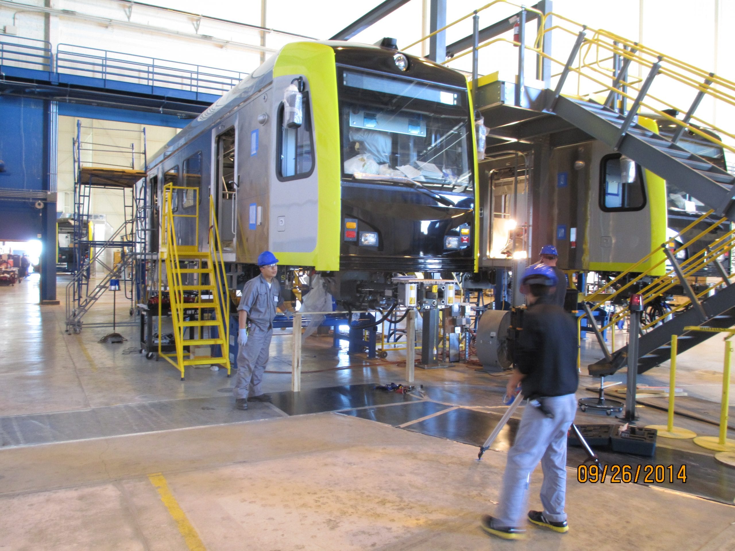 A light rail car being assembled in Palmdale in September at Kinkisharyo's facility. Photo by Metro.