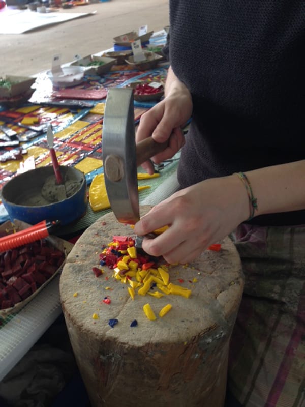 Glass mosaic pieces known as smalti are hand cut into thousands of pieces. Photo courtesy Mayer of Munich.