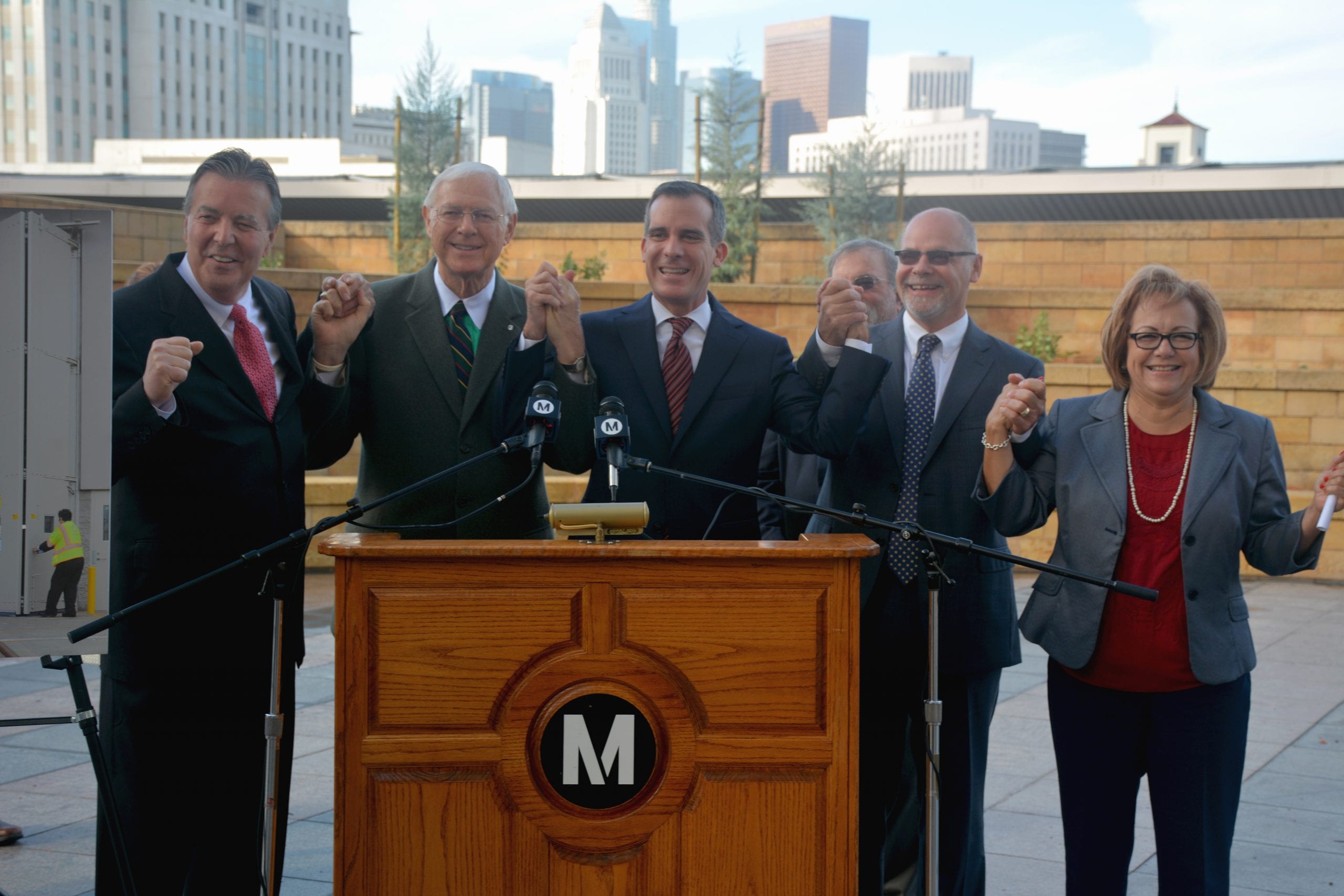 From left: XX, Supervisor Michael D. Antonovich, L.A. Mayor Eric Garcetti, XX and Los Angeles County Federation of Labor's Maria Elena Durazo.