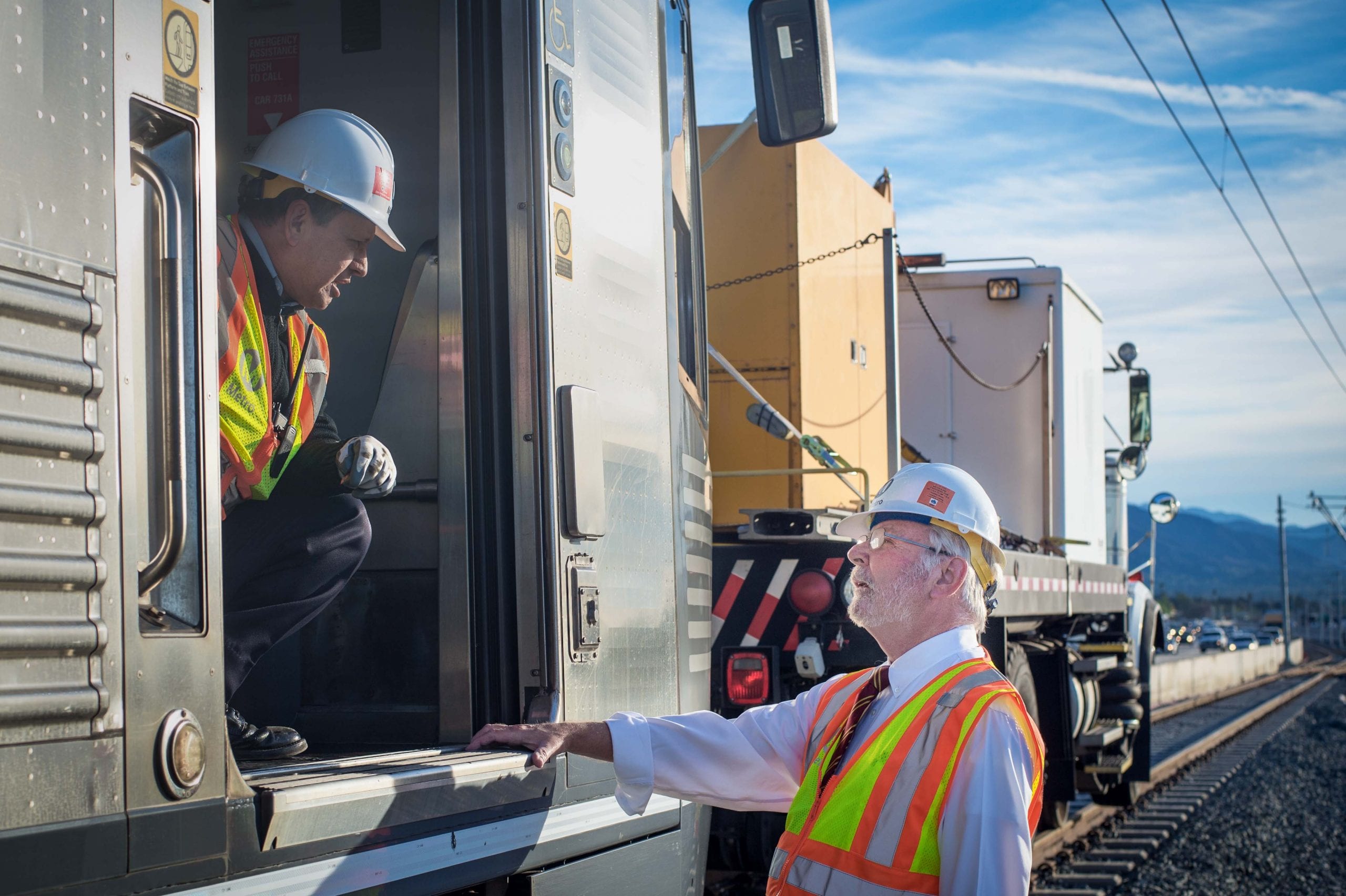 Art, at right, checking out the Gold Line Foothill Extension clearance testing last month. Photo by Steve Hymon/Metro.