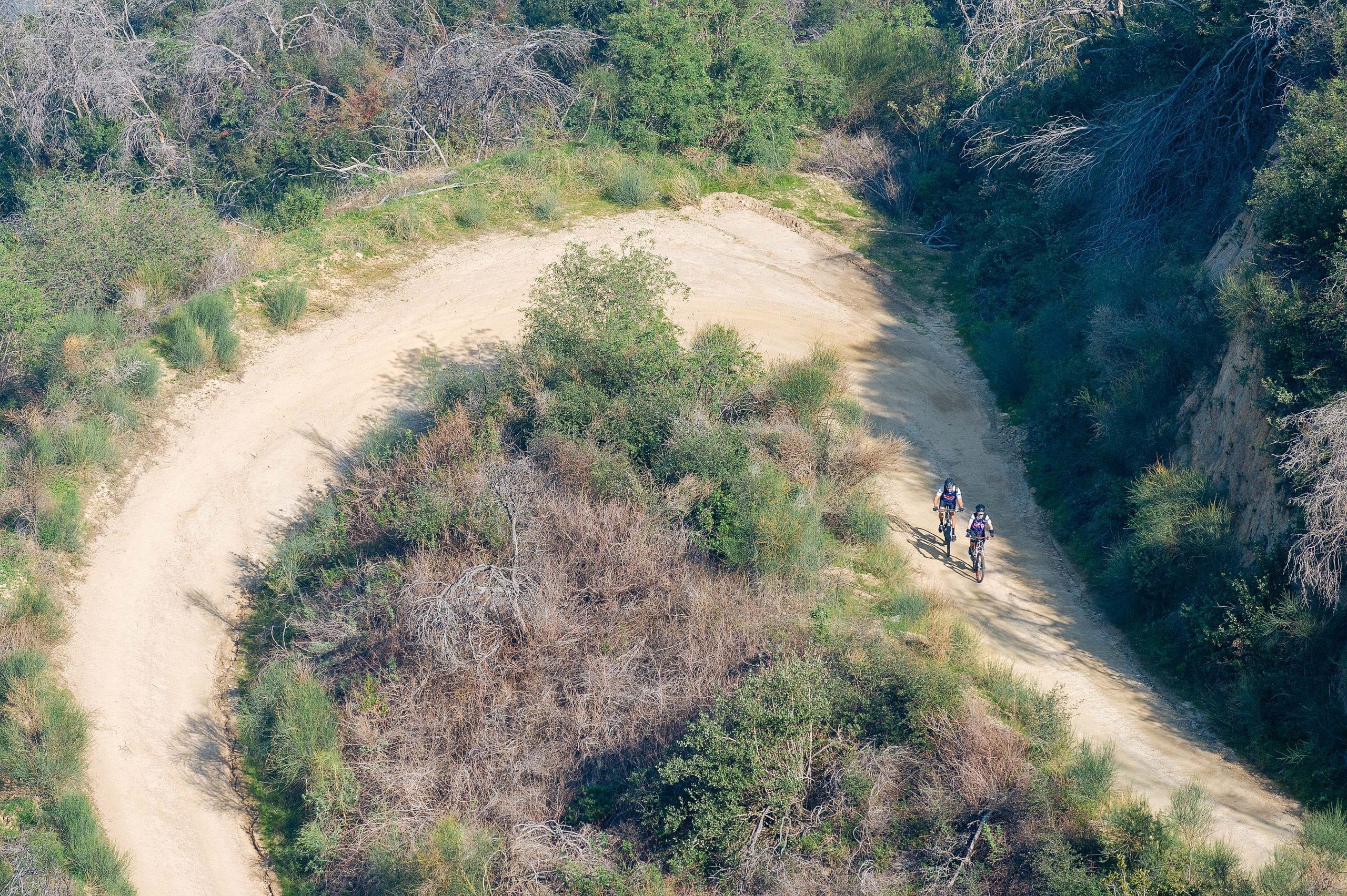 ART OF TRANSIT, ALMOST THE WEEKEND EDITION: A pair of cyclists climb the fire road between the Angeles National Forest ranger station on Highway 2 and Mt. Lukens. Photo by Steve Hymon. 