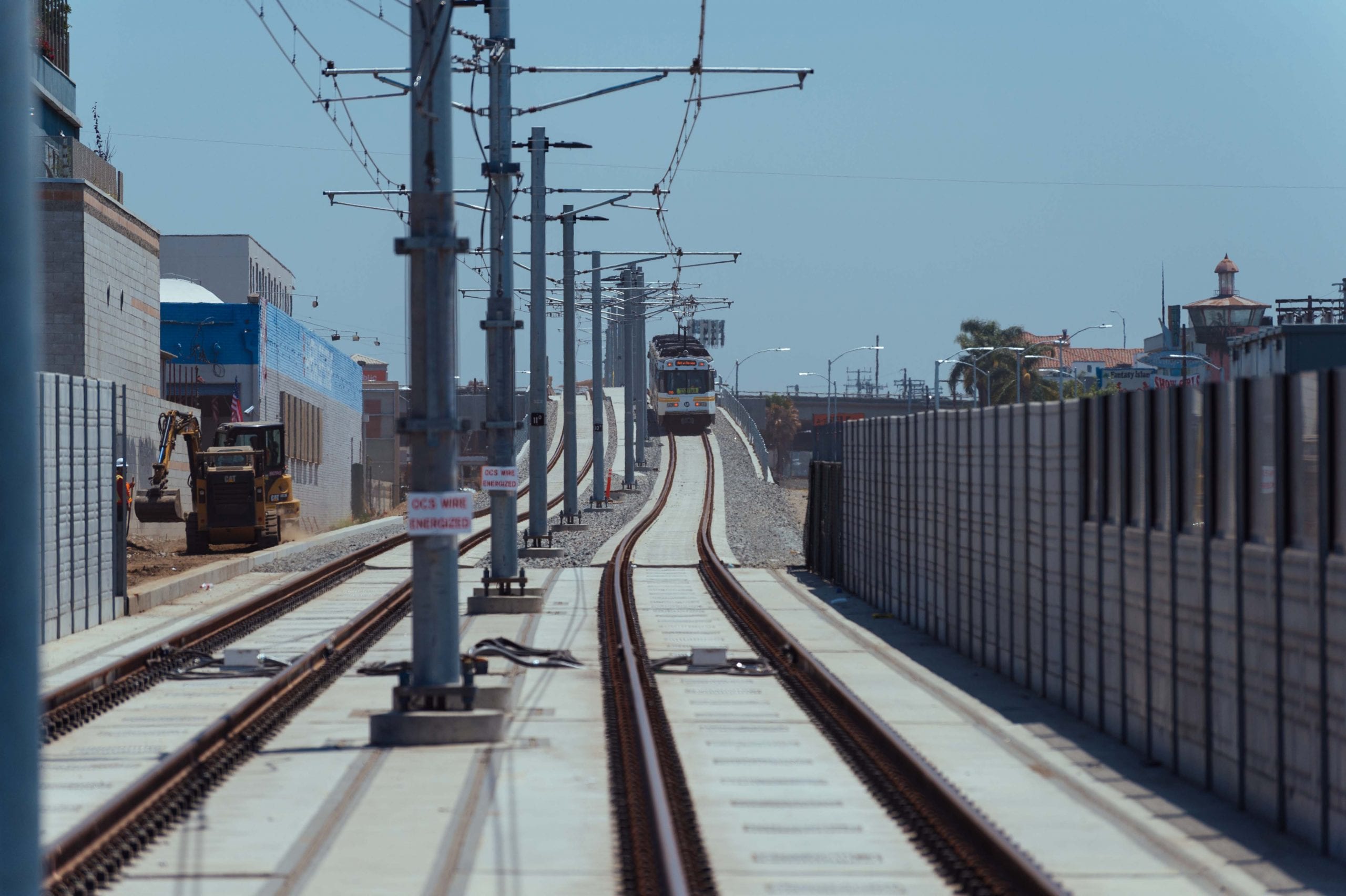 An Expo Line test train on the tracks east of Barrington Avenue in West L.A. in June.