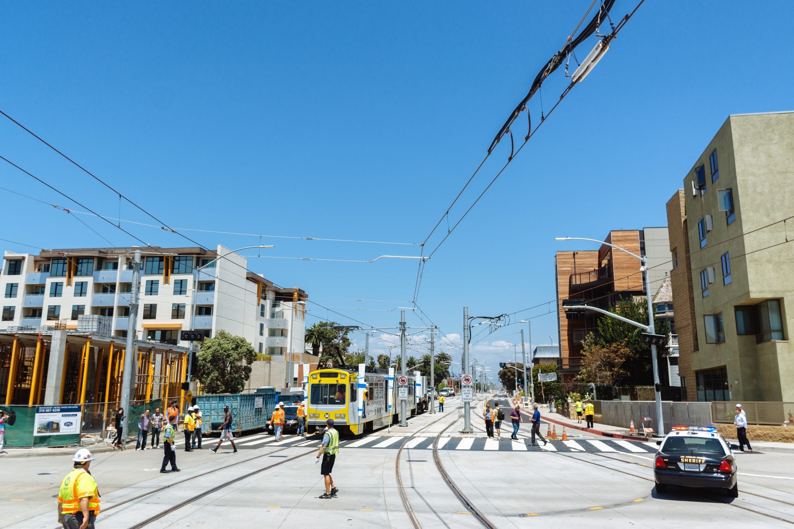 The train just east of the Downtown Santa Monica Station.
