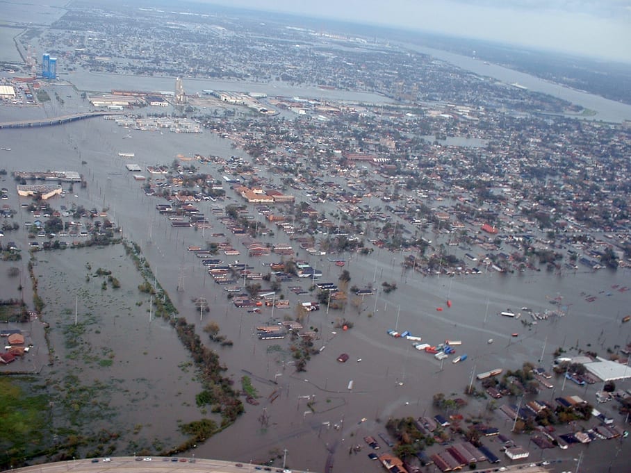 New Orleans, LA, Monday August 29, 2005 -- An aerial photograph from one of the first New Orleans Fly Over showing the flooding as a result of the breeched levees. Marty Bahamonde/FEMA
