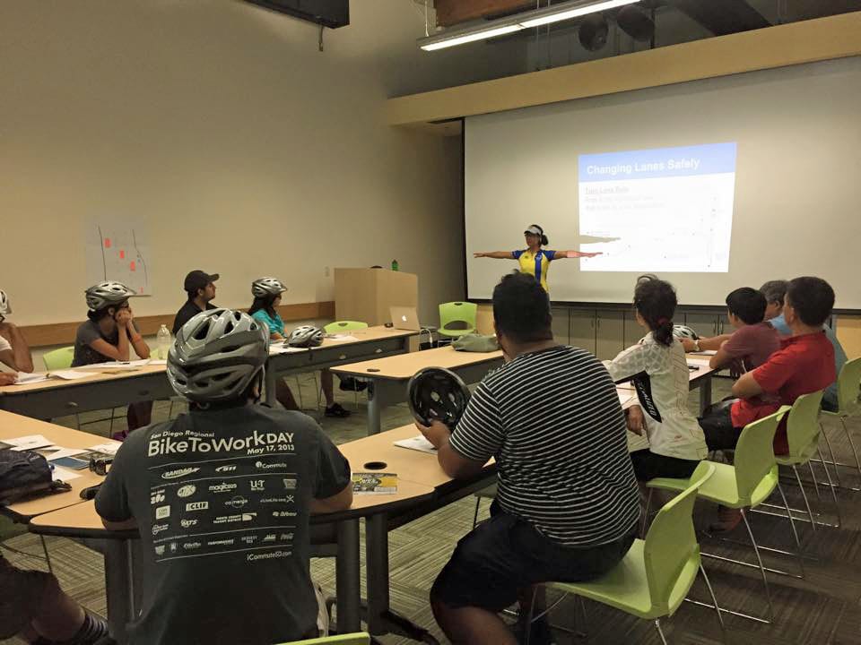 Bike SGV instructor shows class how to change lanes safely.