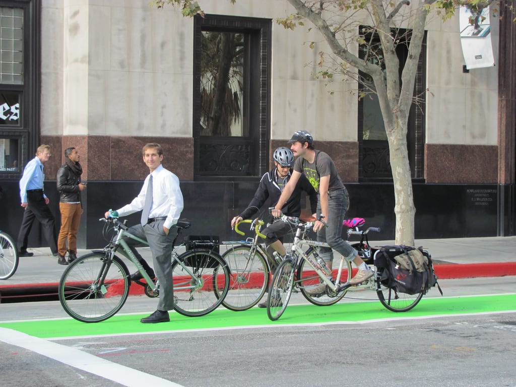 The Spring Street bike lane in DTLA. Photo: LADOT.