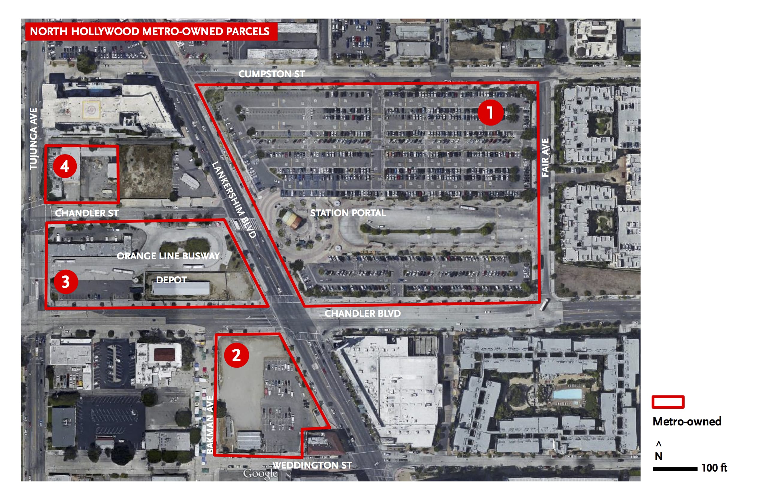 A bird's eye view of the current parking lot at the North Hollywood Red Line Station. 