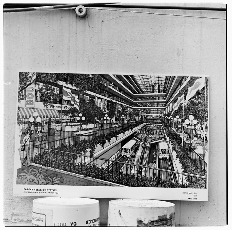 The proposed Fairfax/Beverly Station as seen in an early 1980s rendering. Credit: Metro Library. 