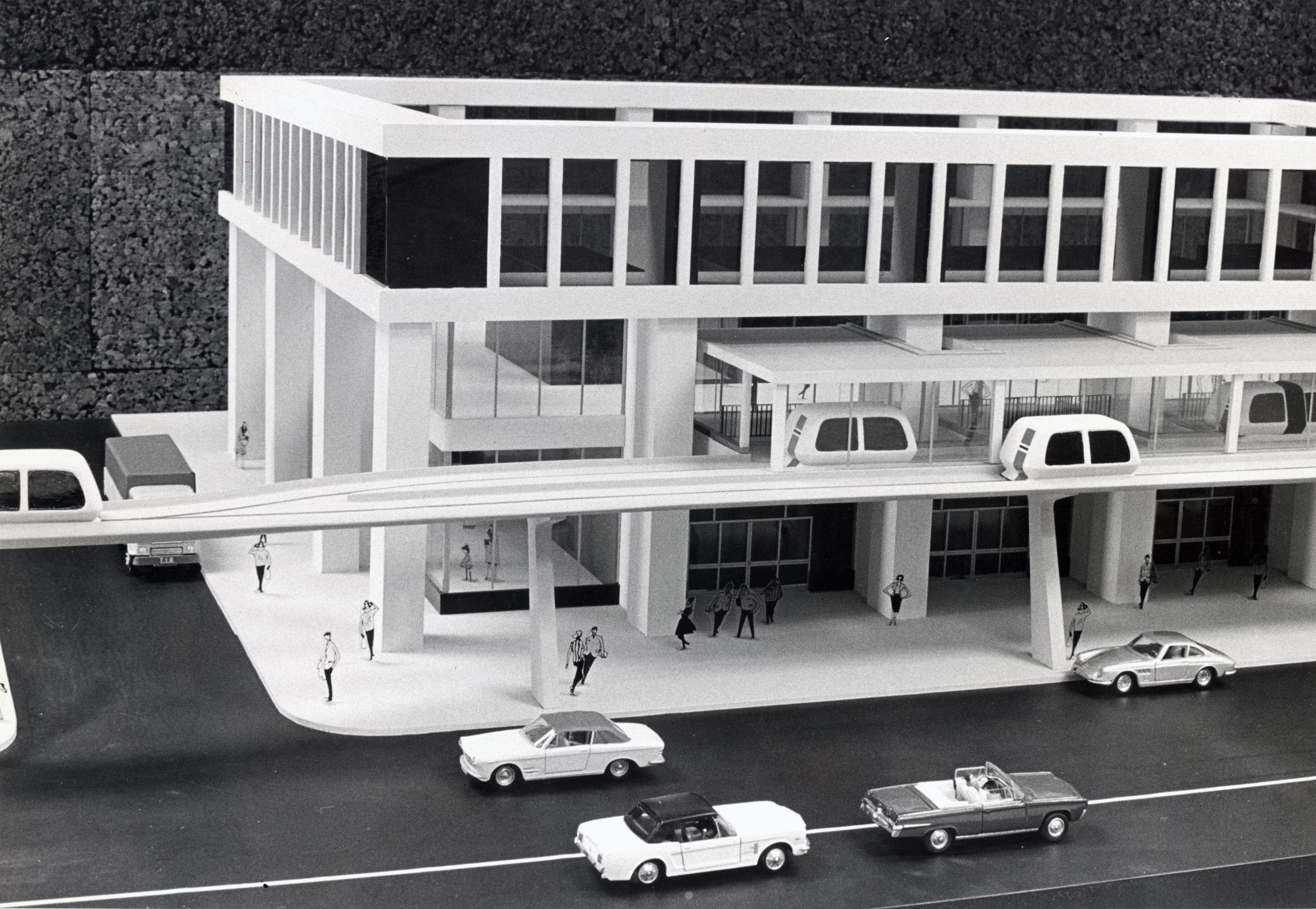Pod transit as envisioned in an early 1970s rendering. 