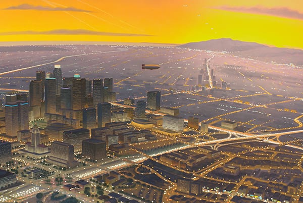 Detail of mural by James Doolin inside Metro HQ lobby. Four murals comprise the artwork, titled Los Angeles Circa 1870, 1910, 1950 and after 2000, which features the evolution of transportation systems in Los Angeles.
