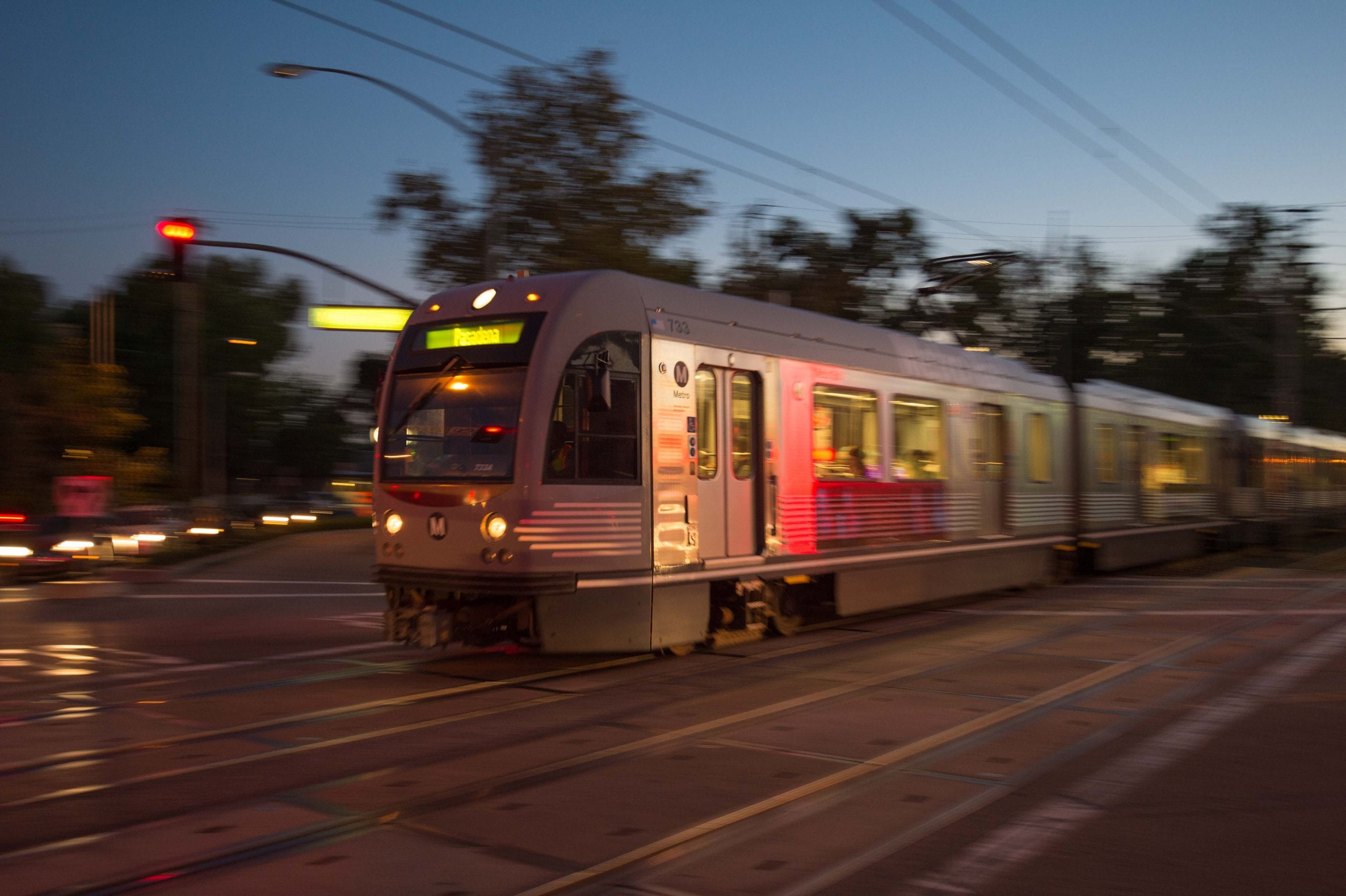 The Gold Line leaving South Pasadena Station on a recent evening. Photo: Steve Hymon/Metro.