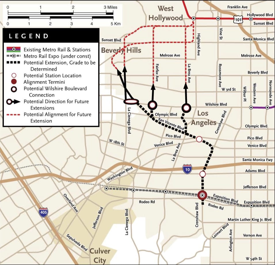 A map from a 2009 Metro study that briefly explored some possible extensions for the Crenshaw/LAX Line that could be studied further in the future. Click to see larger.
