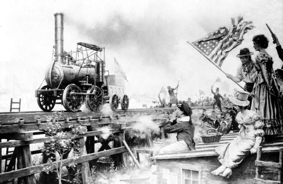 A depiction of the test run in 1829 of the Stourbridge Lion -- the first steam locomotive in the U.S. Source: Wikimedia Commons.