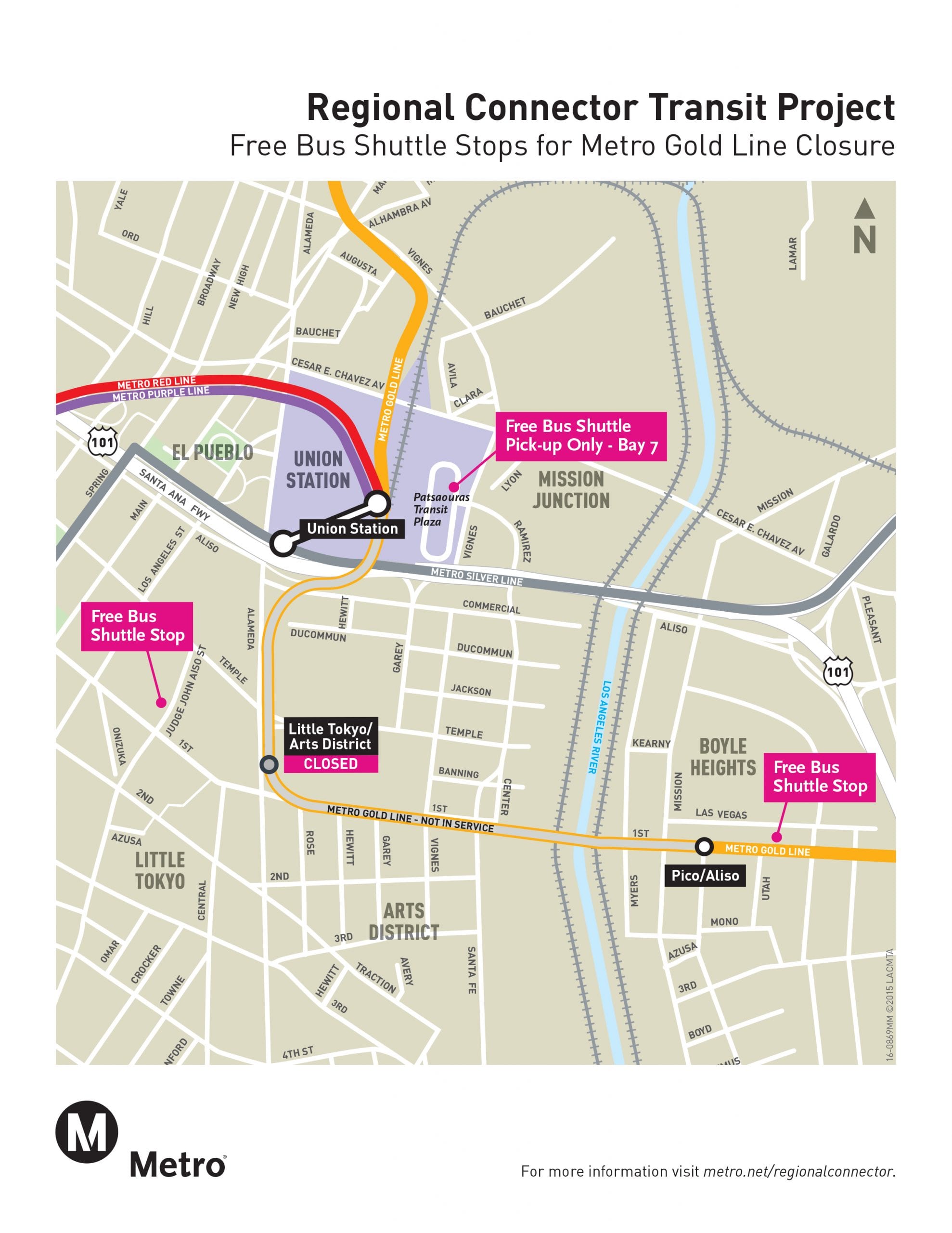 The shuttle bus will run from Patsaouras Bus Plaza at Union Station to 1st/Judge John Aliso and then to the Pico/Aliso Station.