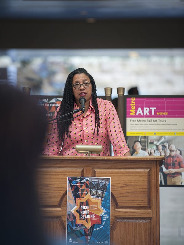 Poet Robin Coste Lewis reading from her work as part of "Rush Hour Reading" at Union Station in April 2015