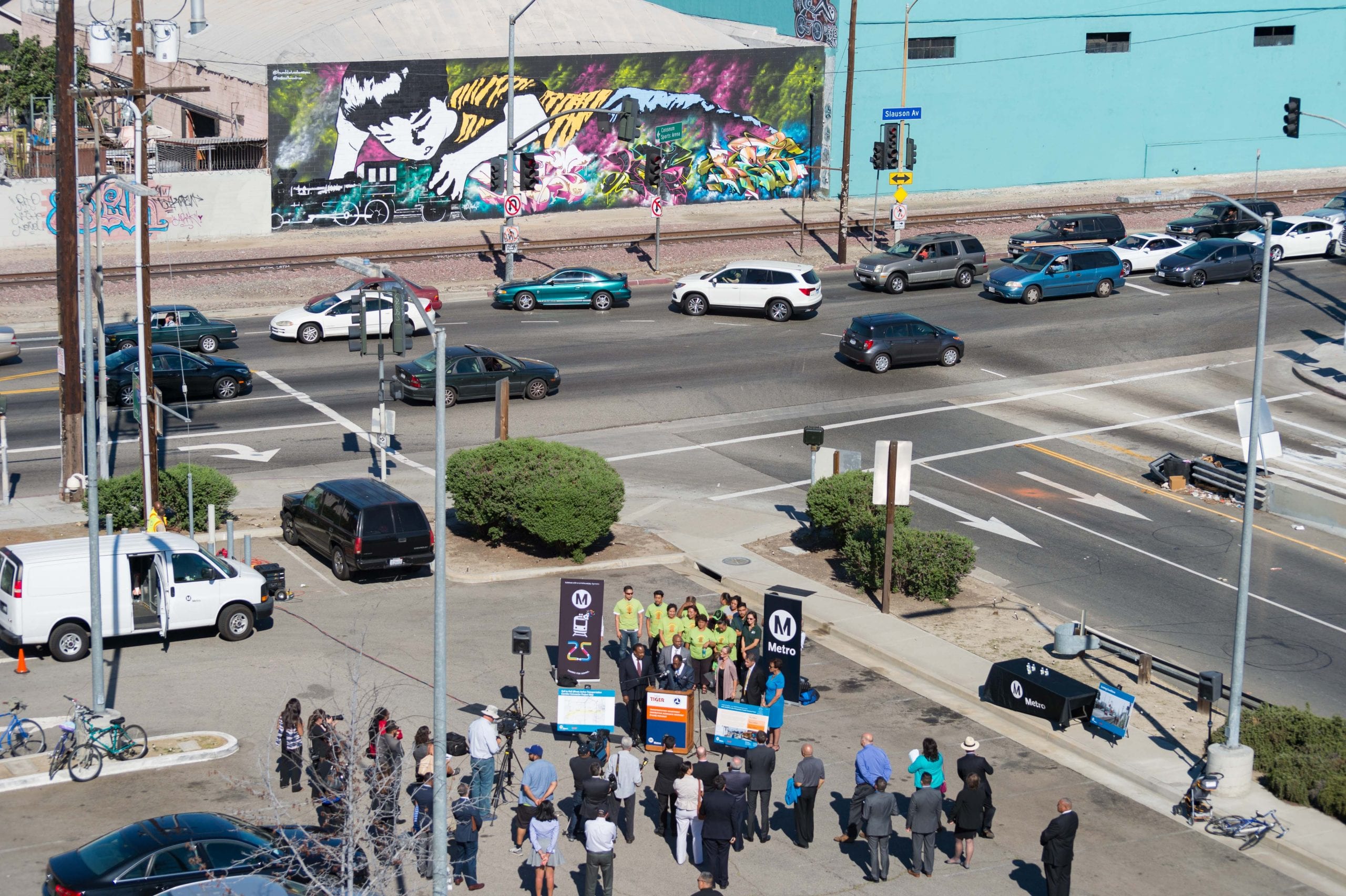 The media event last Thursday in the parking lot for the Harbor Transitway's Slauson station. Photo: Steve Hymon/Metro.