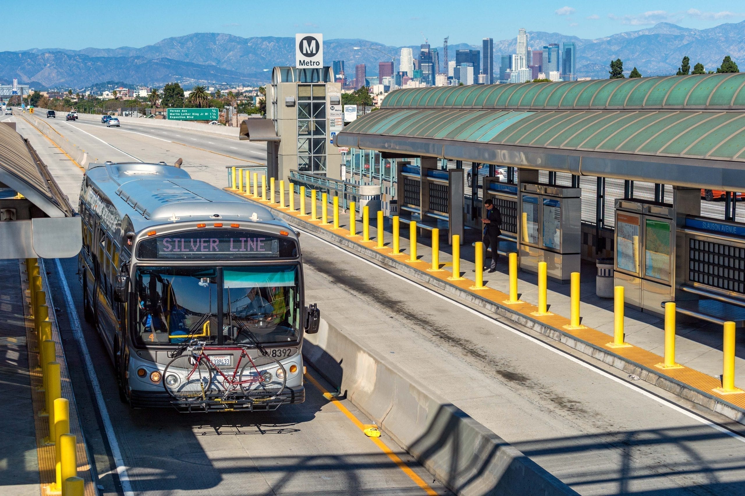 A southbound Silver Line bus on the Harbor Transitway at Slauson Station. The Silver Line will begin running to San Pedro in December. More on that soon! Photo by Steve Hymon/Metro.