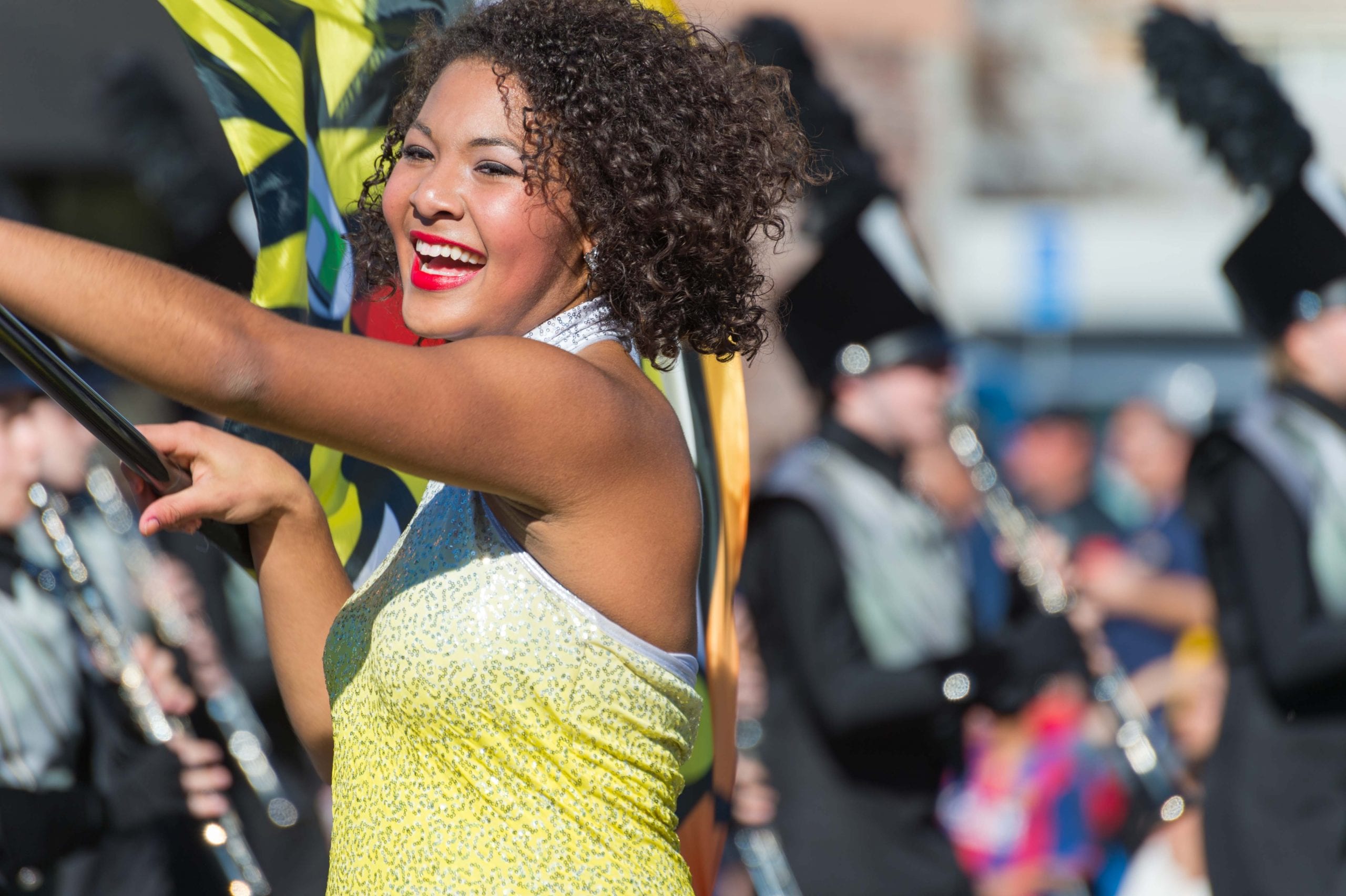 A flag girl for the William Mason High School in the Gold Line-adjacent Tournament of Roses parade on Friday. My first full-time newspaper gig was in good ol' Mason, Ohio, which has since sprawled and sprawled and sprawled some more. Photo by Steve Hymon. 