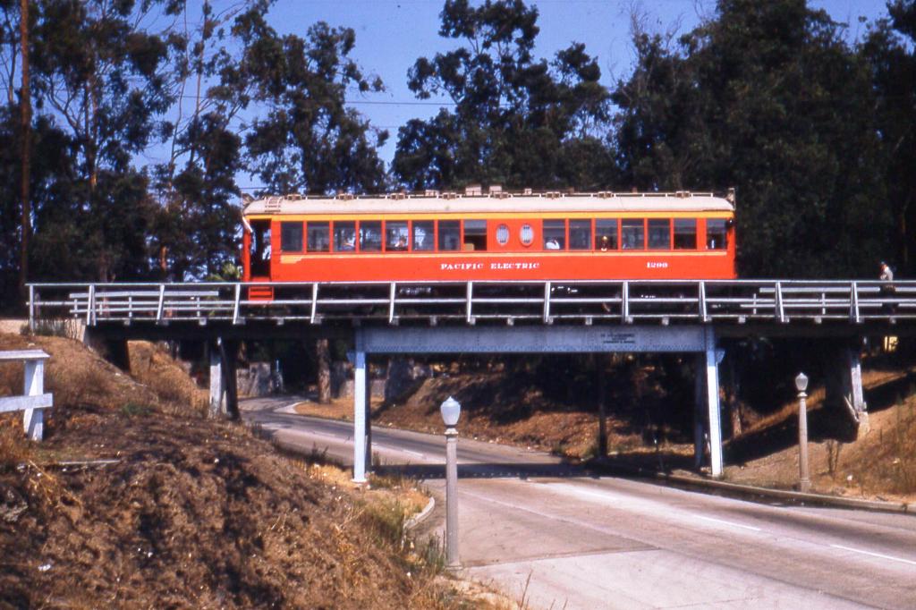 A Pacific Electric streetcar crossing Motor Avenue in 1953. Photo by Alan Weeks, via the Metro Transportation Library's Flickr page.