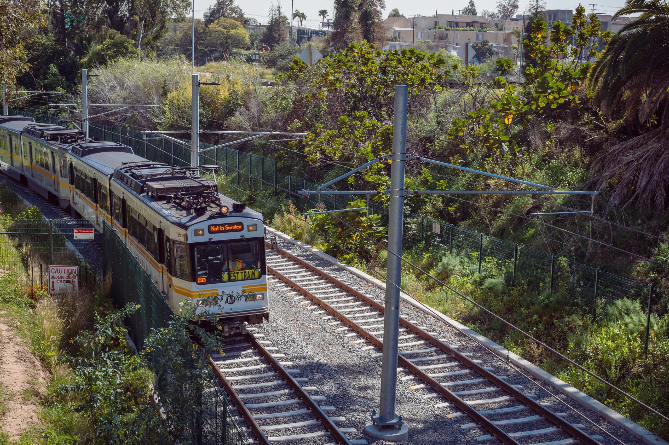 Santa Monica: here we come! Train testing in the Northvale trench between the 10 and Overland Avenue on Tuesday. Photo by Steve Hymon/Metro.
